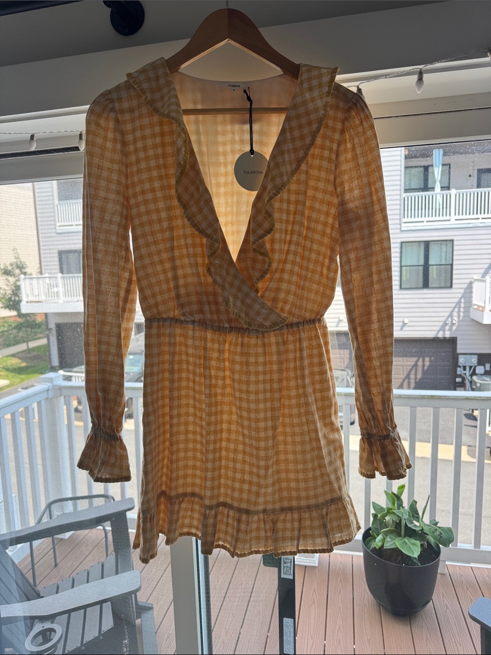 Tularosa Charleston York Yellow Gingham Ruffle Wrap Long-Sleeve Dress